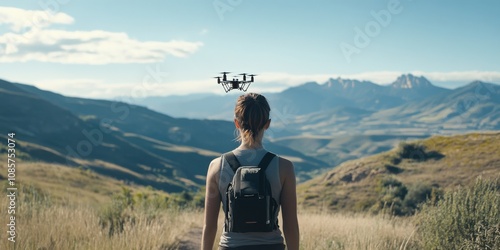 Over-the-shoulder view of quadrobics athlete in training with scenic hills, cinematic scope, photo