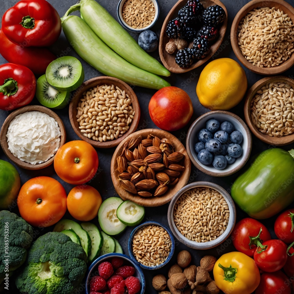 elements such as fresh vegetables, low-fat proteins, whole grains, and colorful fruits in an organized and visually appealing way. elements such as fresh vegetables, low-fat proteins, whole grains, and colorful fruits in an organized and visually appealing way.