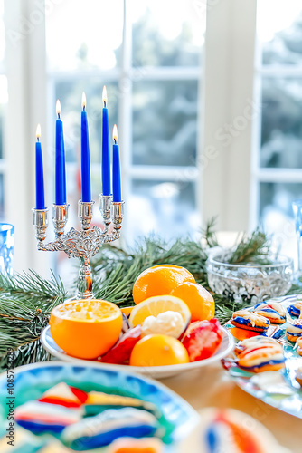 beautifully decorated Hanukkah table featuring silver menorah with blue candles, vibrant fruits, and colorful cookies, creating festive atmosphere photo