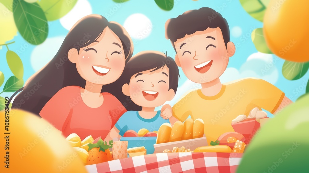 A joyful family enjoying a picnic with various delicious foods. A joyful family enjoying a picnic with various delicious foods.
