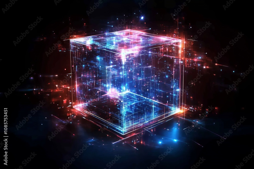 Obraz premium Futuristic transparent cube on a digital background featuring glowing elements and designs