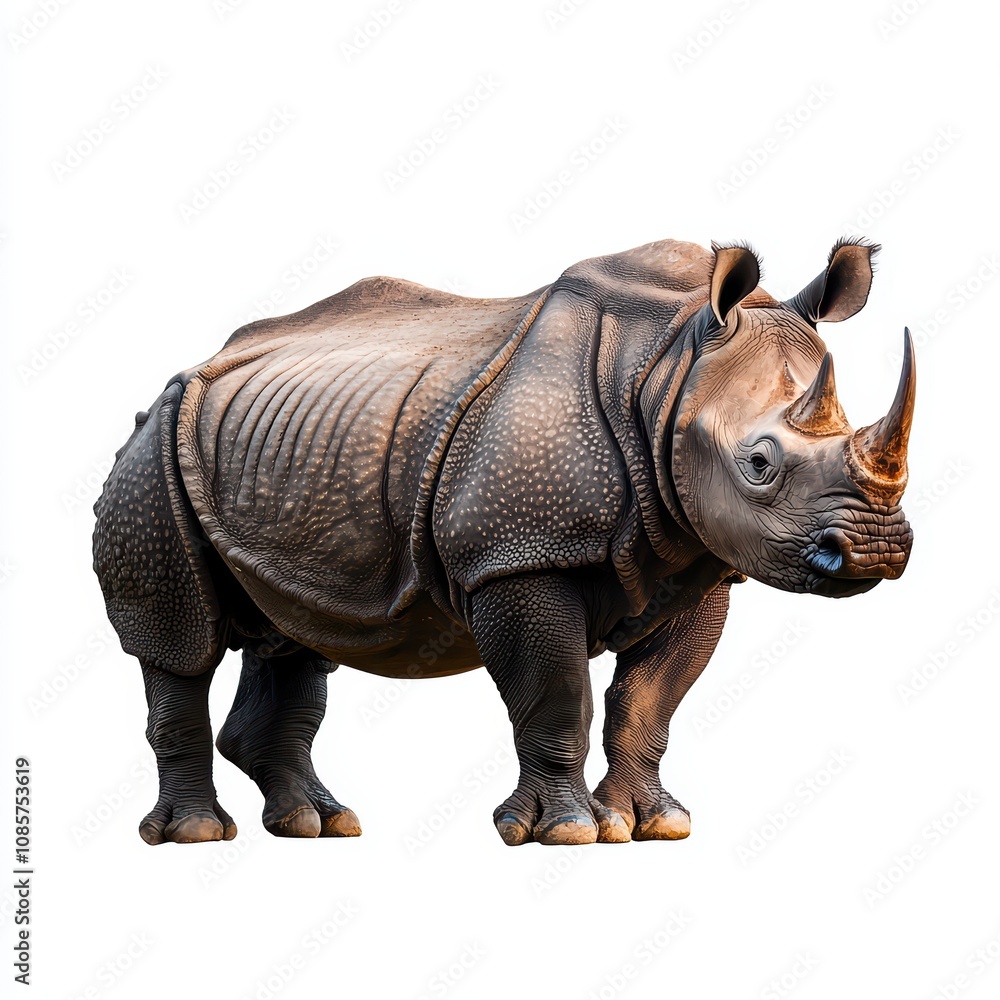 A majestic rhinoceros standing tall against a white background. A majestic rhinoceros standing tall against a white background.