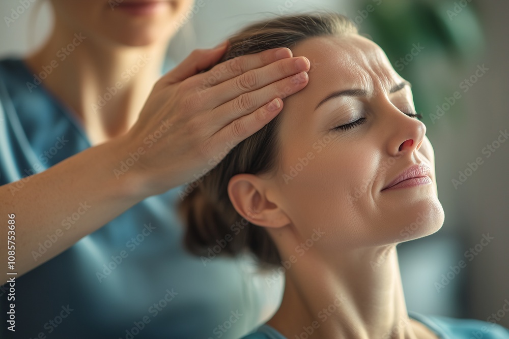 Fototapeta premium A physiotherapist demonstrating a head massage technique for relaxation and stress relief