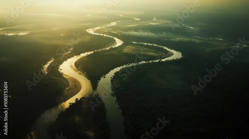 Aerial View of Serpentine River Flowing Through Lush Green Landscape at Dawn, Capturing the Beauty of Nature and Tranquility in a Remote Area