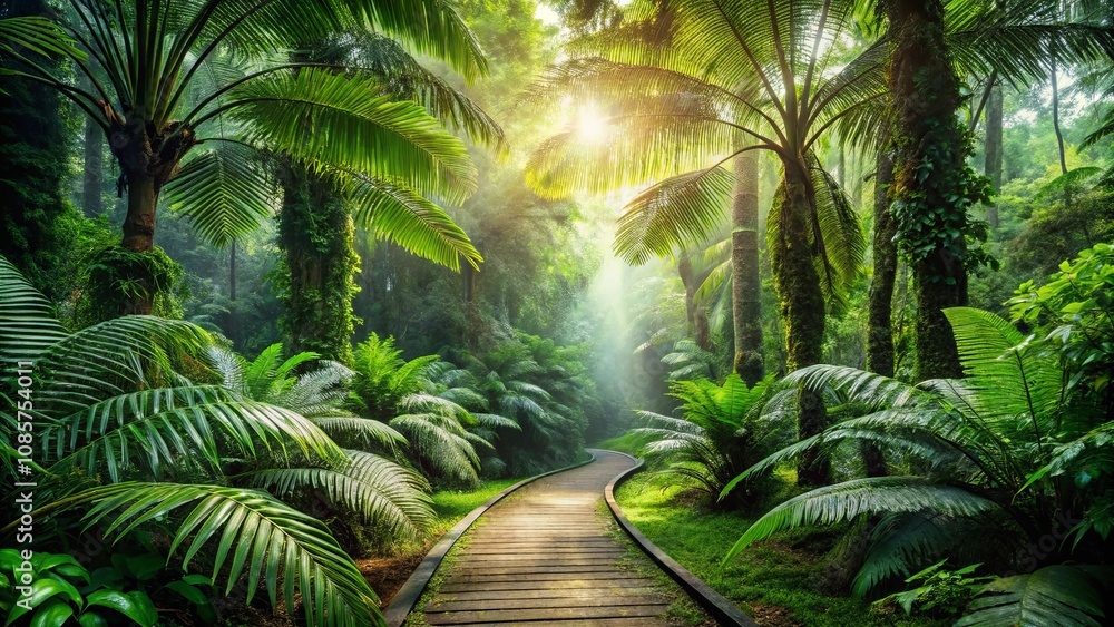 Serene Jungle Path Illuminated by Sunbeams Through Lush Greenery Serene Jungle Path Illuminated by Sunbeams Through Lush Greenery