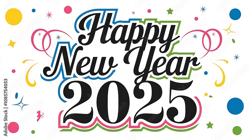 Festive New Year 2025 Banner with 'Happy New Year' Text in Cursive and Colorful Confetti Background Festive New Year 2025 Banner with 'Happy New Year' Text in Cursive and Colorful Confetti Background