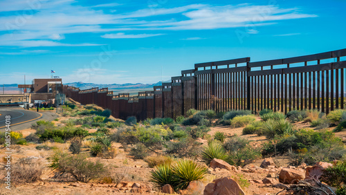 A scenic view of the US-Mexico border with a metal border fence stretching across a desert landscape under a clear blue sky. United States and Mexico.