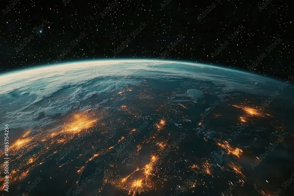 Fototapeta premium Panoramic view of planet Earth with galaxy, A breathtaking panoramic view of planet Earth surrounded by a vast, starry galaxy, showcasing the beauty of space.