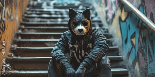 Teenager in a dog mask sitting on a graffiti-covered staircase, imitating animal behavior, rebellious vibe,