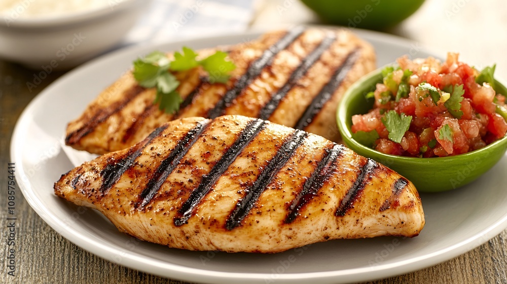 Grilled Chicken Breast with Fresh Salsa and Garnish Served on a White Plate in a Rustic Setting, Perfect for Healthy Meal Preparation and Culinary Inspiration Grilled Chicken Breast with Fresh Salsa and Garnish Served on a White Plate in a Rustic Setting, Perfect for Healthy Meal Preparation and Culinary Inspiration