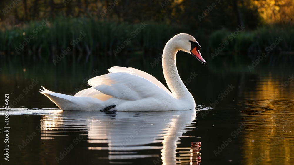 Fototapeta premium Graceful Swan Gliding on Calm Lake at Dawn