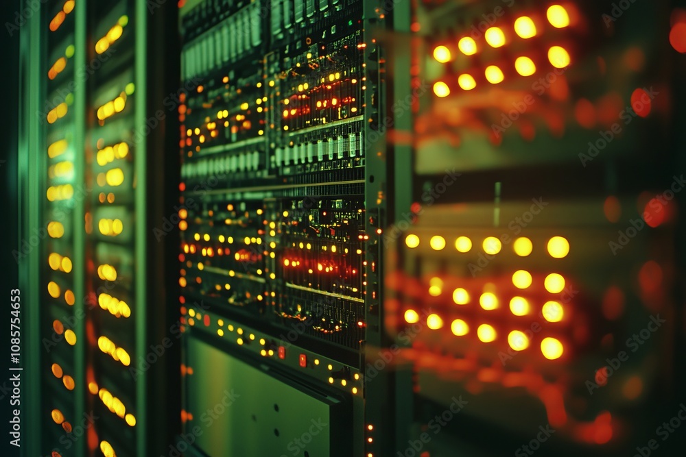 Close up of network equipment in it server room showcasing advanced data transfer technology Close up of network equipment in it server room showcasing advanced data transfer technology