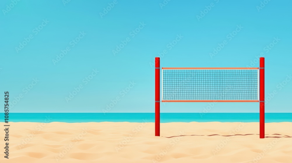 A serene beach scene featuring a volleyball net on the sand. A serene beach scene featuring a volleyball net on the sand.