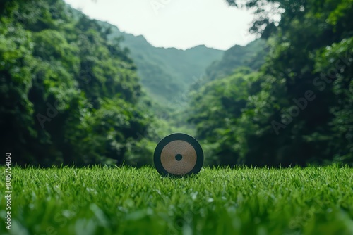 A serene landscape featuring a record on lush green grass.