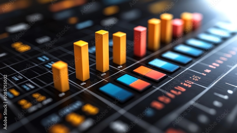 Data visualization with colorful bar graphs and metrics displayed. Data visualization with colorful bar graphs and metrics displayed.
