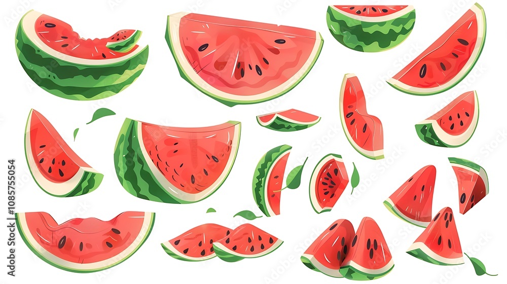 Slices of watermelon in different sizes and orientations, arranged artistically against a clean white background, showcasing their vibrant red flesh and green rind. Slices of watermelon in different sizes and orientations, arranged artistically against a clean white background, showcasing their vibrant red flesh and green rind.