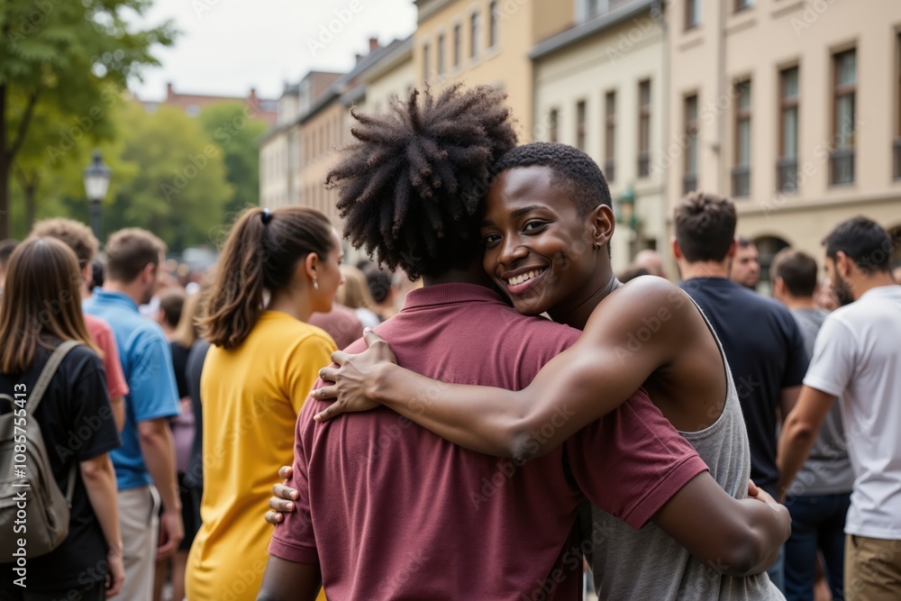 Joyful reunion at outdoor gathering in urban setting with diverse crowd. Joyful reunion at outdoor gathering in urban setting with diverse crowd.