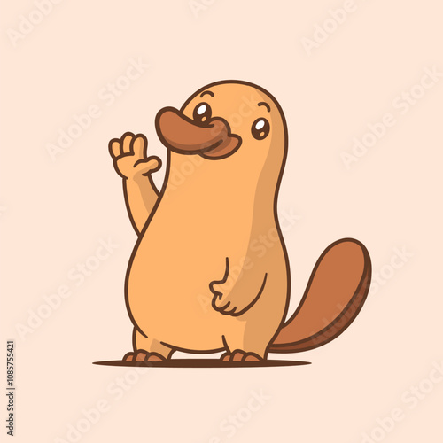 Cute and happy platypus mascot character, waving. Vector cartoon illustration