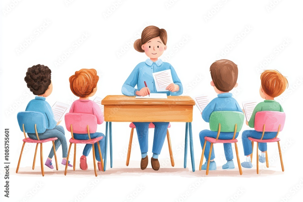 A teacher instructs students in a bright classroom setting. A teacher instructs students in a bright classroom setting.