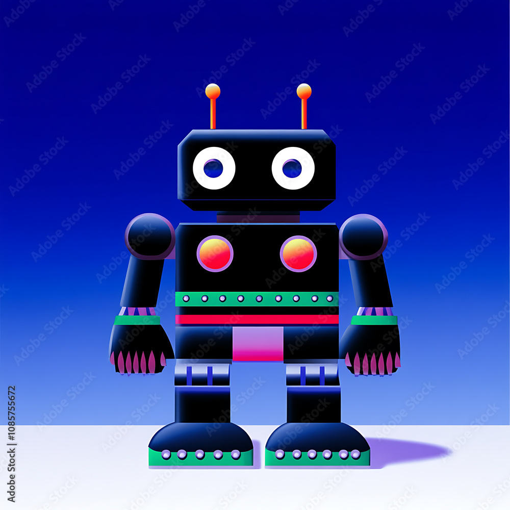 Naklejka premium colorful, stylized robot with large eyes and antennas, set against blue background. This playful design evokes sense of nostalgia and creativity