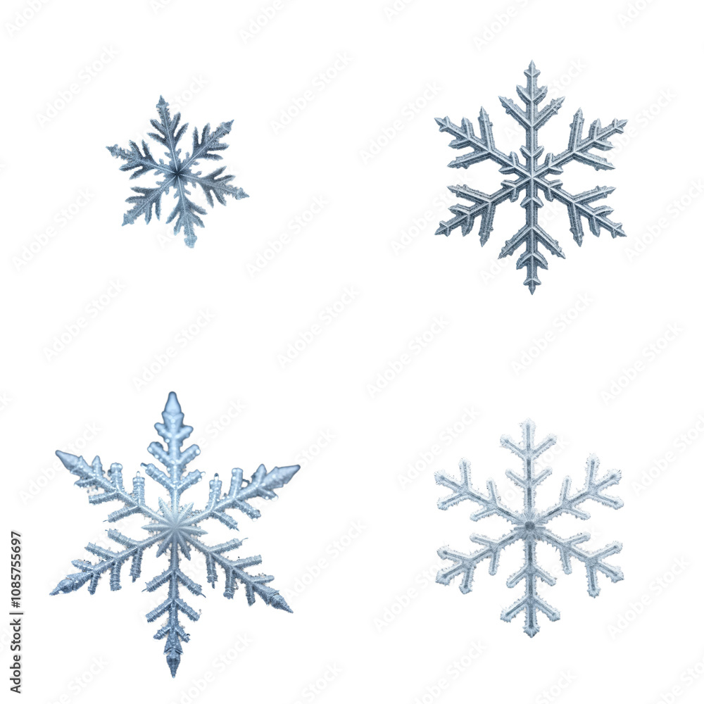 Macro close-up photo shows four frozen snowflakes. Intricate, detailed. Snowflake unique crystal shapes. Backdrop black. Image perfect for winter themes nature lovers. Shows detail in beautiful icy Macro close-up photo shows four frozen snowflakes. Intricate, detailed. Snowflake unique crystal shapes. Backdrop black. Image perfect for winter themes nature lovers. Shows detail in beautiful icy