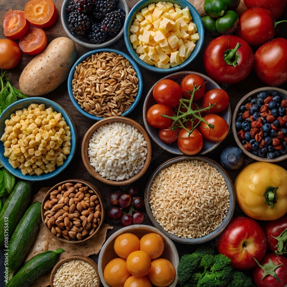elements such as fresh vegetables, low-fat proteins, whole grains, and colorful fruits in an organized and visually appealing way. elements such as fresh vegetables, low-fat proteins, whole grains, and colorful fruits in an organized and visually appealing way.