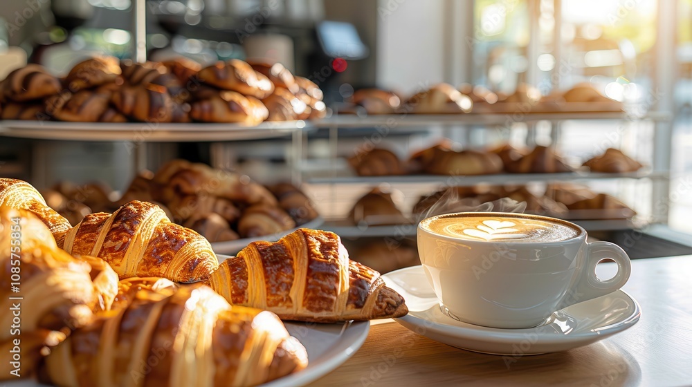 aroma of brewed coffee and bakery. A warm cup of coffee sits beside freshly baked croissants in a bright bakery filled with pastries. aroma of brewed coffee and bakery. A warm cup of coffee sits beside freshly baked croissants in a bright bakery filled with pastries.
