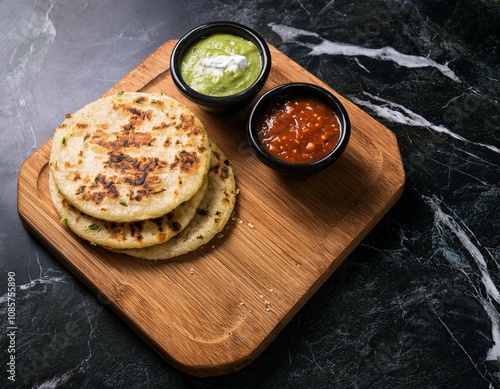 traditional salvadoran pupusas served on a wooden board with curtido and sauce over a black marble background photo