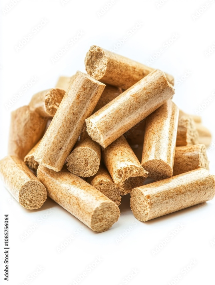 Cylindrical, light brown wood pellets, isolated on white background. Cylindrical, light brown wood pellets, isolated on white background.