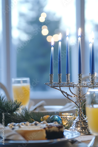 beautifully arranged Hanukkah table setting featuring silver menorah with blue candles, festive decorations, and drinks, creating warm and inviting atmosphere photo