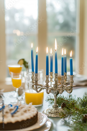 beautifully arranged Hanukkah table setting featuring silver menorah with blue candles, delicious cake, and festive drinks, creating warm and inviting atmosphere photo