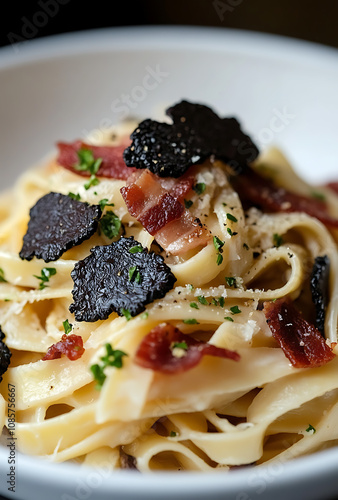 Delicious pasta with black truffle and crispy bacon, garnished with herbs, creating rich and savory dish that delights senses