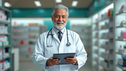 Elderly Asian pharmacist, a man in a white coat, gray hair, a doctor with a folder in his hands looks at the frame and smiles, a Thai sells medicines, shelves with pills