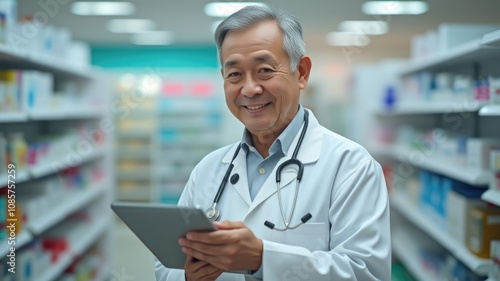 Elderly Asian pharmacist, a man in a white coat, gray hair, a doctor with a folder in his hands looks at the frame and smiles, a Thai sells medicines, shelves with pills