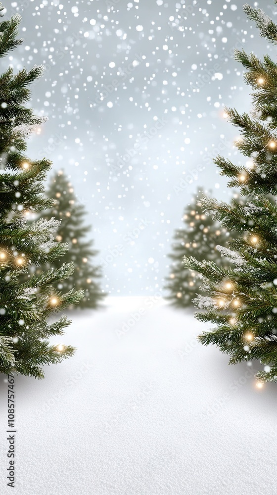 Obraz premium A Magical Winter Path Framed by Twinkling Christmas Trees and Gentle Snowfall