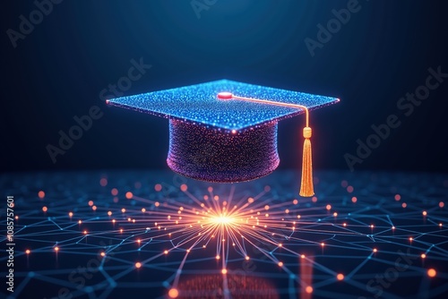 Digital graduation concept: futuristic mortarboard with data network and technology glow.