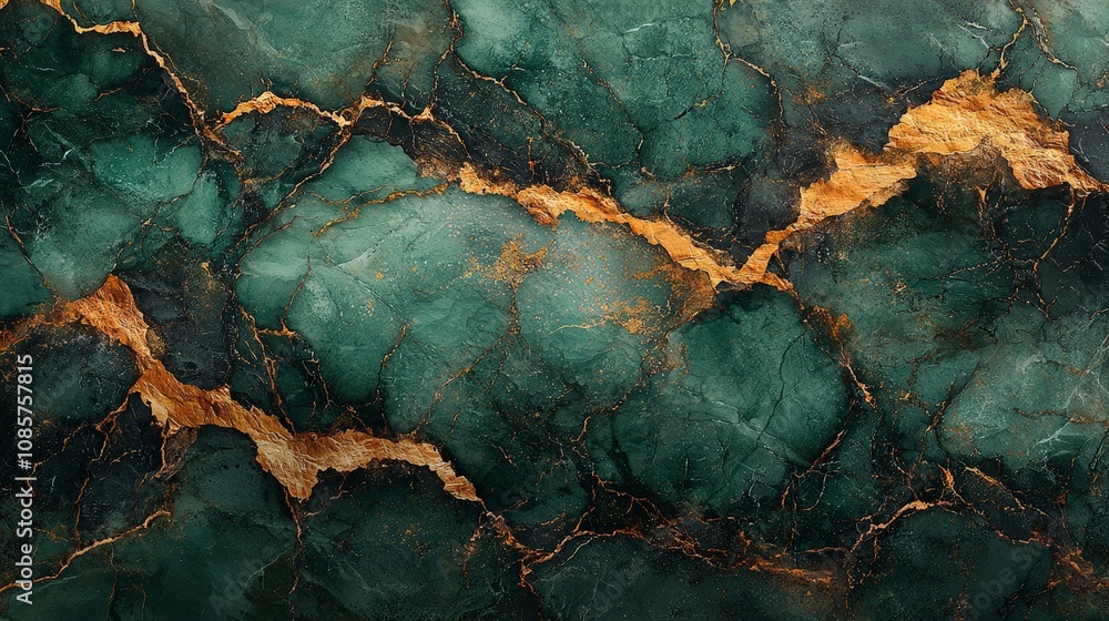 A close-up view of a green and gold marbled surface with intricate patterns and textures. A close-up view of a green and gold marbled surface with intricate patterns and textures.