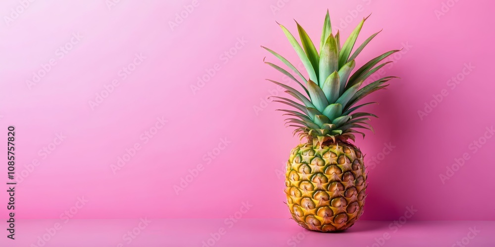 Fototapeta premium A Single Pineapple on a Pink Background, Minimalist, Fruit, Tropical, Still Life, Pineapple, Pink