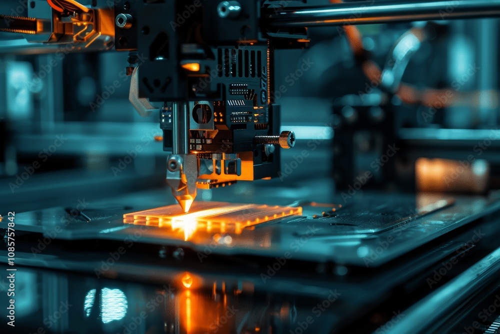 A 3D printer creating complex IT hardware designs ,A machine is engaged in processing a glass piece, highlighting advanced manufacturing techniques. A 3D printer creating complex IT hardware designs ,A machine is engaged in processing a glass piece, highlighting advanced manufacturing techniques.