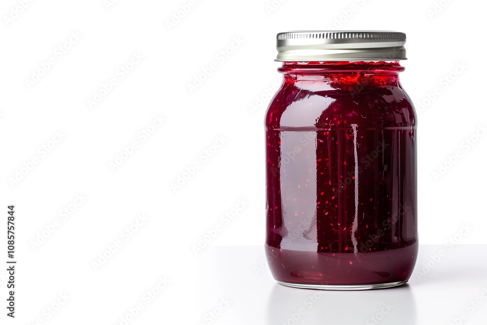 A glass jam jar filled with vibrant, deep red jam, sealed with a simple metal lid, sitting on a clean white background with light reflecting off the glass. A glass jam jar filled with vibrant, deep red jam, sealed with a simple metal lid, sitting on a clean white background with light reflecting off the glass.