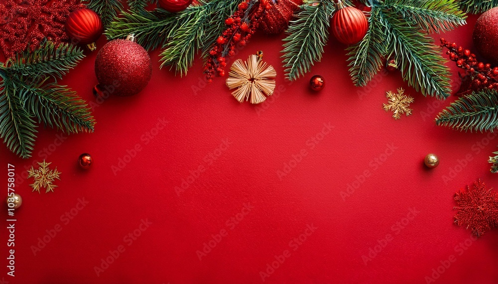 Red Christmas background with winter decoration, tree branches and leaves. Holiday copy space layout. Red Christmas background with winter decoration, tree branches and leaves. Holiday copy space layout.