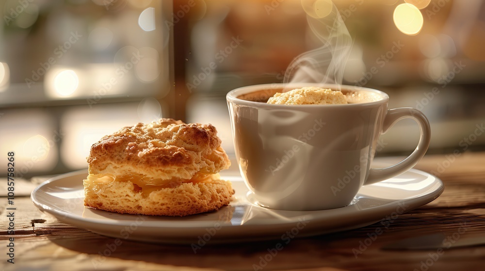 aroma of brewed coffee and bakery. A freshly brewed cup of coffee accompanied by a warm biscuit on a white plate, exuding a cozy atmosphere with steam rising from the cup. aroma of brewed coffee and bakery. A freshly brewed cup of coffee accompanied by a warm biscuit on a white plate, exuding a cozy atmosphere with steam rising from the cup.
