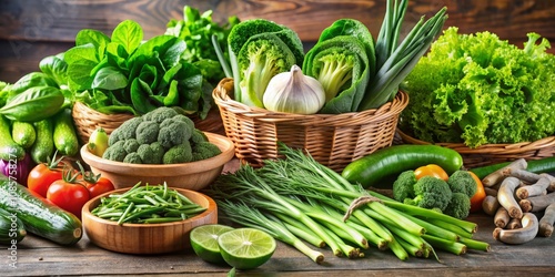 A Vibrant Array of Fresh Green Vegetables in Wooden Bowls and Baskets on a Rustic Wooden Table, Green Vegetables, Healthy Food, Vegan Diet