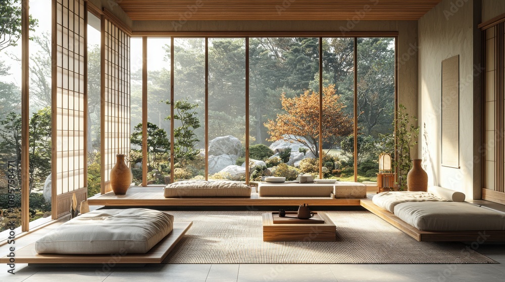 A beautifully designed interior with minimalistic elements, large windows revealing a serene nature view in an Asian style home. Perfect for relaxation. A beautifully designed interior with minimalistic elements, large windows revealing a serene nature view in an Asian style home. Perfect for relaxation.