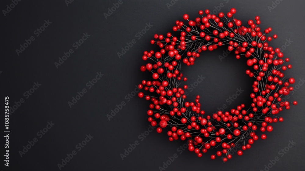 Red Berry Wreath on Black Background Festive Holiday Decoration Red Berry Wreath on Black Background Festive Holiday Decoration