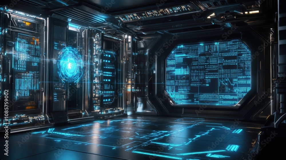 Obraz premium Futuristic Sci-Fi Control Room with High-Tech Interfaces and Neon Lighting, Ideal for Technology, Gaming, and Cyberpunk Themes in a Digital Environment
