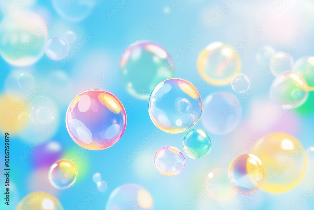 Vibrant soap bubbles against a blue background with pastel hues and space for text Vibrant soap bubbles against a blue background with pastel hues and space for text