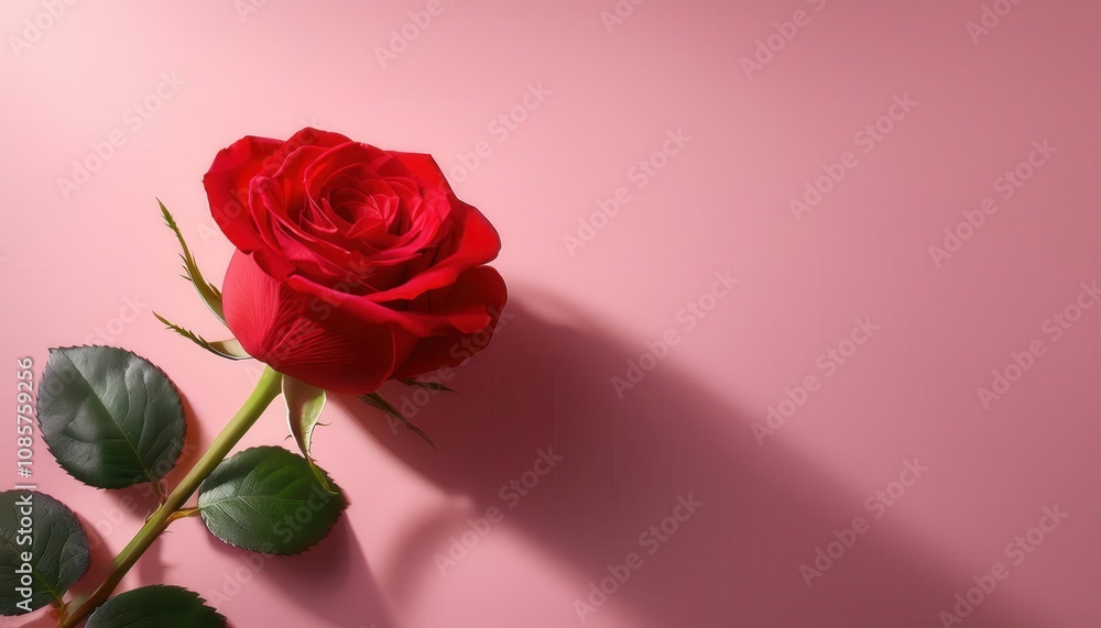Fototapeta premium Stunning Red Rose on a Soft Pink Background for Valentine's Day. Perfect Visual for Romantic Greeting Cards, Love Themed Art, Elegant Floral Decorations, and Heartfelt Celebrations of Affection
