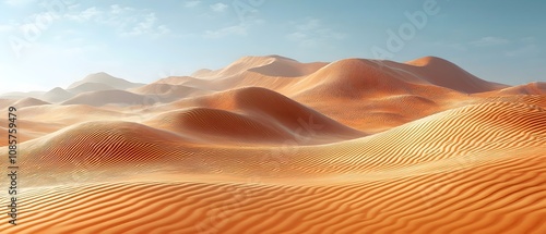 A stunning view of rolling sand dunes in a vast desert, showcasing the warm orange hues and intricate patterns created by the wind under a clear blue sky.