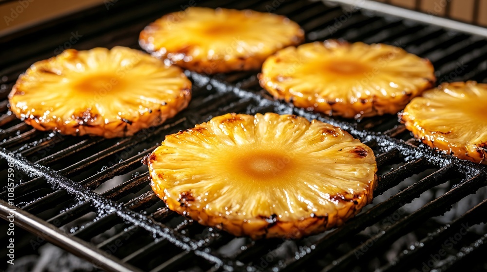 Grilled Pineapple Slices on Barbecue Grill with Charred Edges and Juicy Texture, Perfect for Summer Desserts, Salads, or Tropical Dishes Grilled Pineapple Slices on Barbecue Grill with Charred Edges and Juicy Texture, Perfect for Summer Desserts, Salads, or Tropical Dishes
